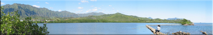 Panaramic view of He'eia Fishpond looking from the edge of the wall in towards shore